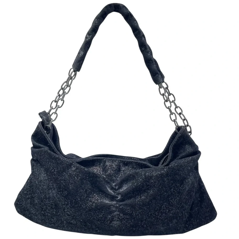 Y2K Black Glitter Small Hobo Bag Metal Chain 2006 Old Navy Whimsigoth Purse‎